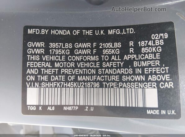 SHHFK7H45KU218796 2019 HONDA CIVIC Light Blue Вид підкапотного простору