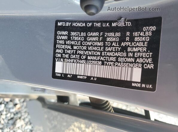 SHHFK7H45LU225538 2020 HONDA CIVIC Gray 