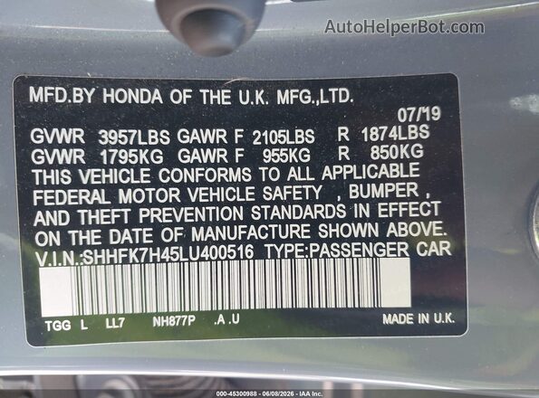 SHHFK7H45LU400516 2020 HONDA CIVIC Gray 