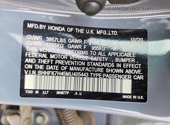 SHHFK7H45MU405443 2021 HONDA CIVIC Gray Engine compartment view