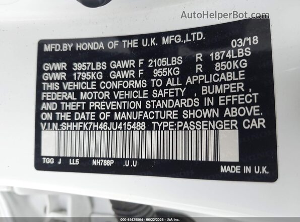 SHHFK7H46JU415488 2018 HONDA CIVIC Белый Вид подкапотного пространства