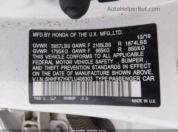 SHHFK7H47LU406303 2020 HONDA CIVIC White Vista del compartimento del motor
