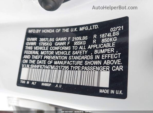 SHHFK7H47MU217295 2021 HONDA CIVIC White Вид підкапотного простору