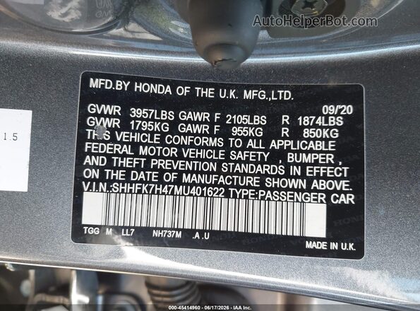 SHHFK7H47MU401622 2021 HONDA CIVIC Gray Engine compartment view