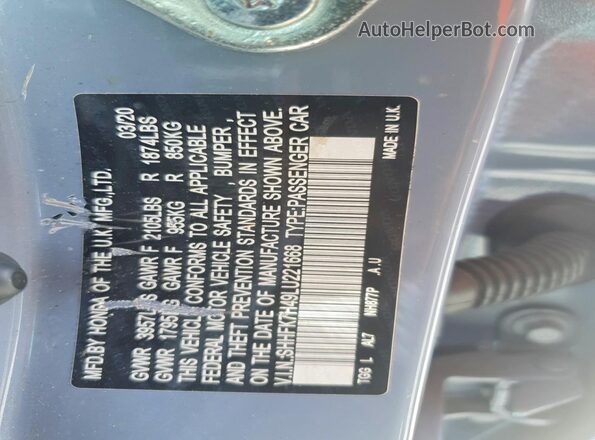 SHHFK7H49LU221668 2020 HONDA CIVIC Gray Widok naklejki z numerem VIN