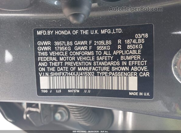 SHHFK7H4XJU415302 2018 HONDA CIVIC Gray ძრავის განყოფილების ხედი