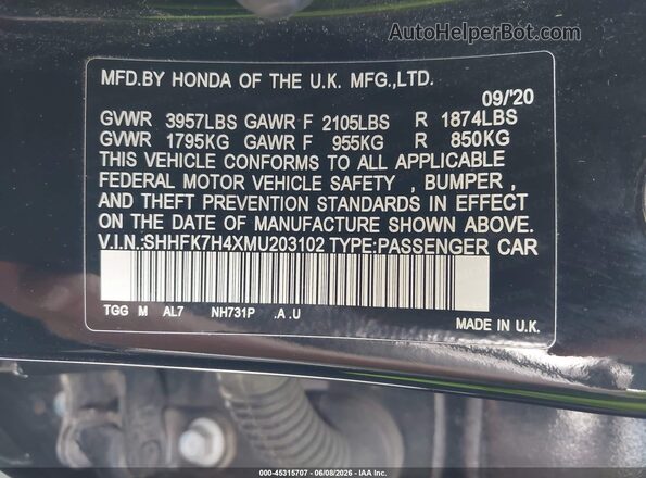 SHHFK7H4XMU203102 2021 HONDA CIVIC Black Engine compartment view
