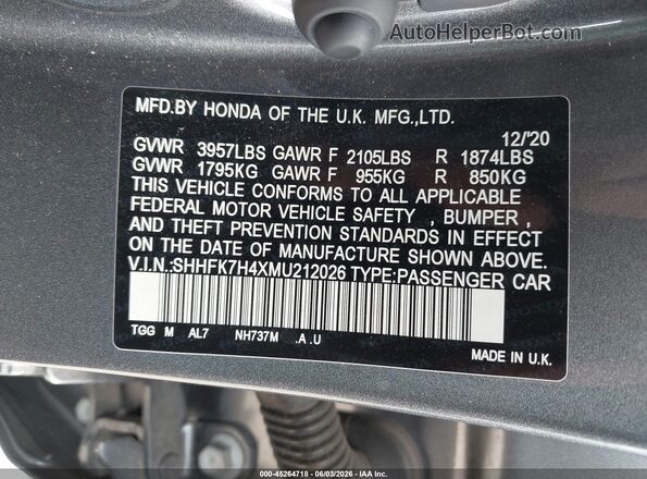 SHHFK7H4XMU212026 2021 HONDA CIVIC Gray Engine compartment view