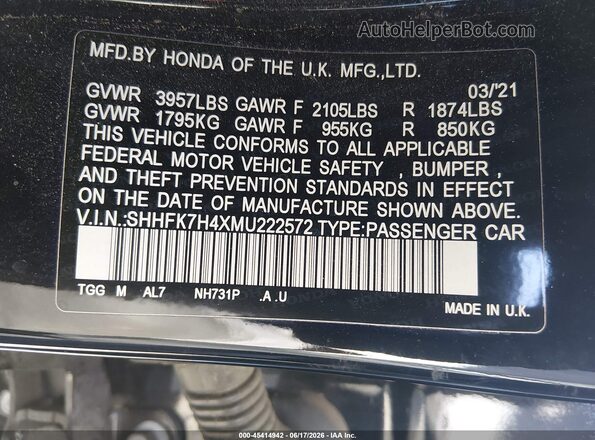 SHHFK7H4XMU222572 2021 HONDA CIVIC Black Engine compartment view