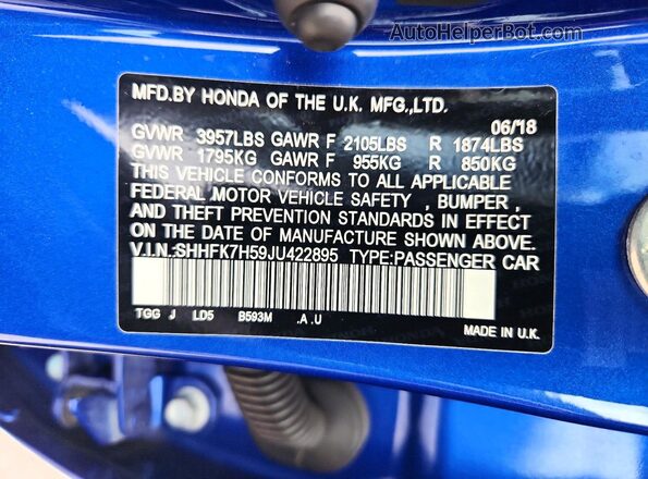 SHHFK7H59JU422895 2018 HONDA CIVIC Blue 