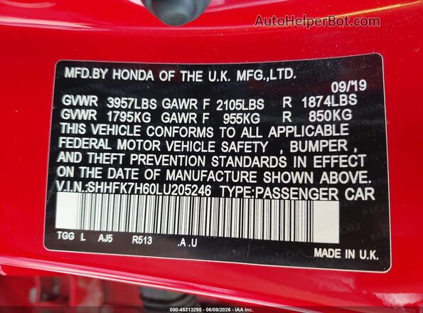 SHHFK7H60LU205246 2020 HONDA CIVIC Красный Вид подкапотного пространства