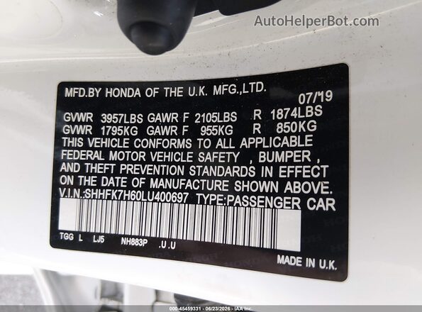 SHHFK7H60LU400697 2020 HONDA CIVIC White Engine compartment view