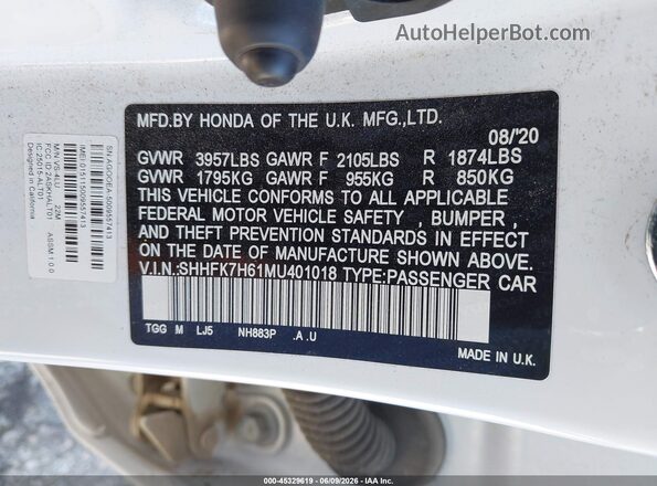 SHHFK7H61MU401018 2021 HONDA CIVIC Белый Вид подкапотного пространства