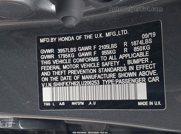 SHHFK7H62LU206253 2020 HONDA CIVIC Gray Engine compartment view