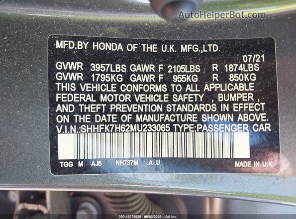 SHHFK7H62MU233065 2021 HONDA CIVIC Gray ძრავის განყოფილების ხედი