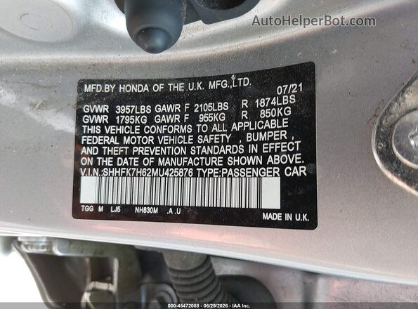 SHHFK7H62MU425876 2021 HONDA CIVIC Silver ძრავის განყოფილების ხედი
