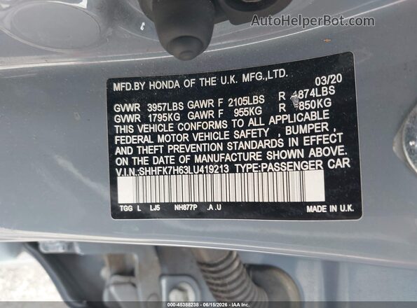 SHHFK7H63LU419213 2020 HONDA CIVIC Gray Widok komory silnika