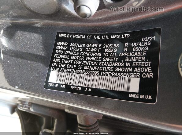 SHHFK7H63MU222995 2021 HONDA CIVIC Gray ძრავის განყოფილების ხედი