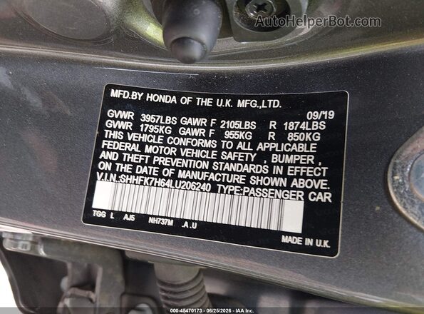 SHHFK7H64LU206240 2020 HONDA CIVIC Серый Вид подкапотного пространства