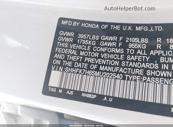 SHHFK7H65MU202540 2021 HONDA CIVIC White Vista del compartimento del motor