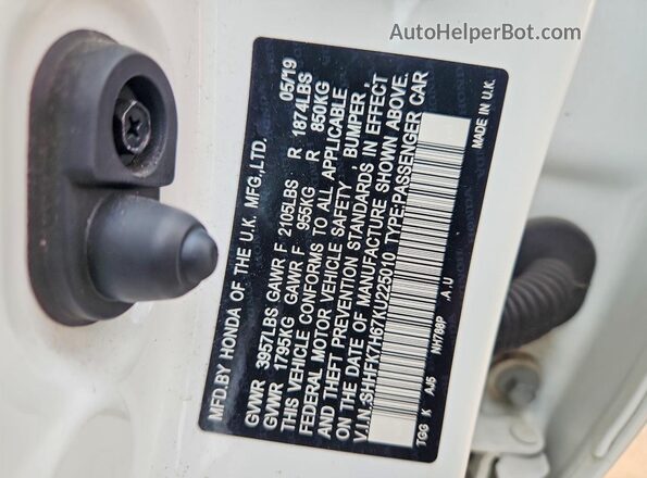 SHHFK7H67KU225010 2019 HONDA CIVIC White Widok komory silnika