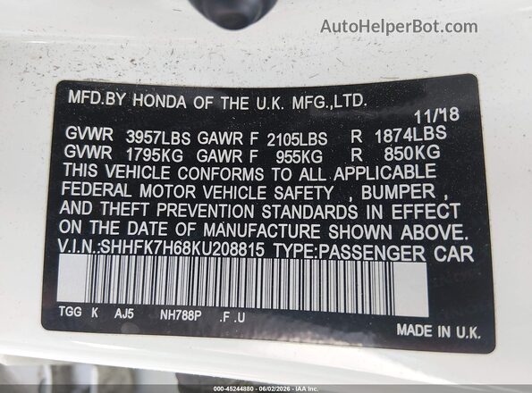 SHHFK7H68KU208815 2019 HONDA CIVIC White Vista del compartimento del motor