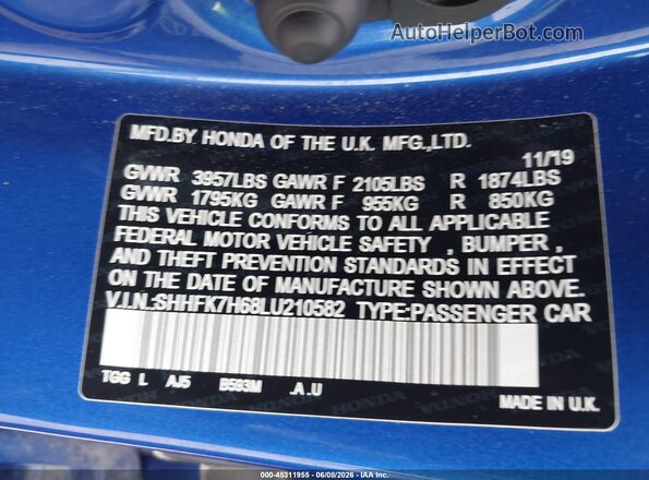 SHHFK7H68LU210582 2020 HONDA CIVIC Blue Widok komory silnika