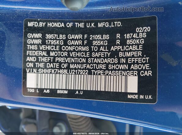 SHHFK7H68LU217922 2020 HONDA CIVIC Blue Engine compartment view