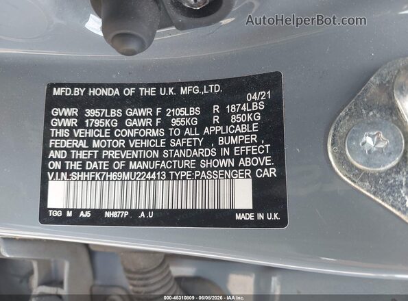SHHFK7H69MU224413 2021 HONDA CIVIC Gray Շարժիչի բաժամունքի տեսք