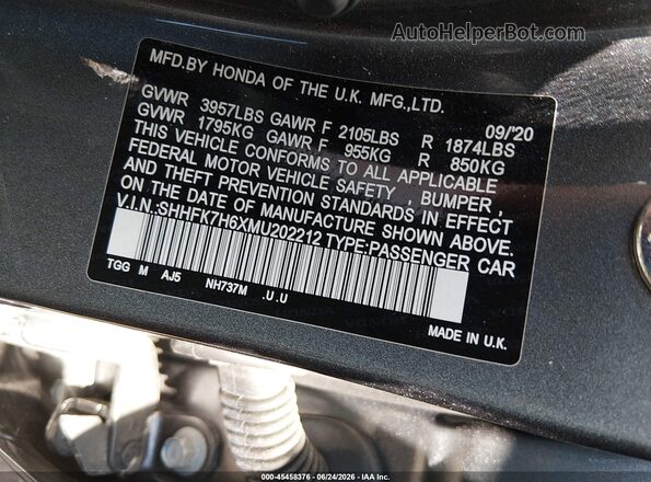 SHHFK7H6XMU202212 2021 HONDA CIVIC Серый Вид подкапотного пространства