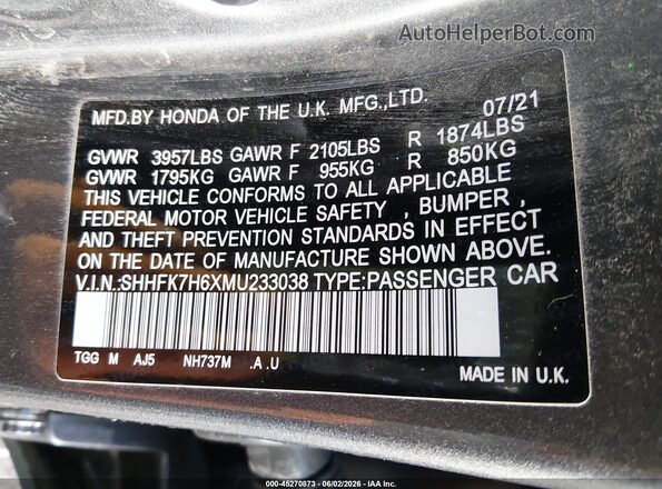 SHHFK7H6XMU233038 2021 HONDA CIVIC Серый Вид подкапотного пространства