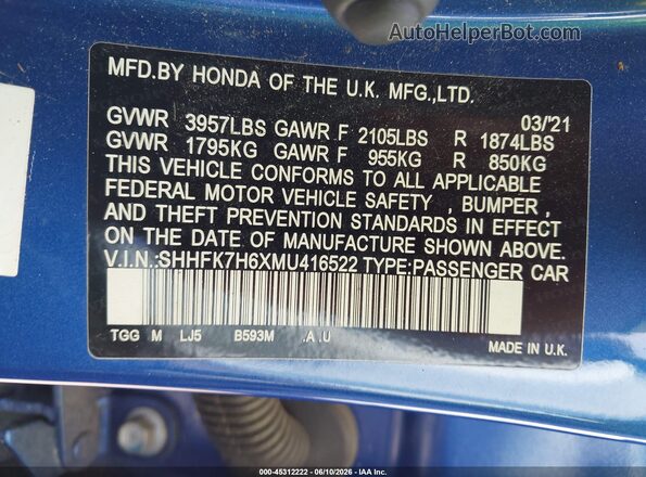 SHHFK7H6XMU416522 2021 HONDA CIVIC Blue Engine compartment view