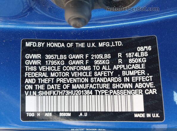 SHHFK7H73HU201384 2017 HONDA CIVIC Blue Vista del compartimento del motor