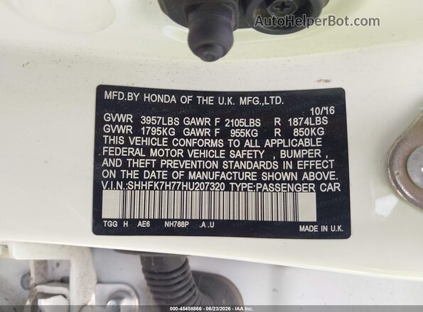 SHHFK7H77HU207320 2017 HONDA CIVIC White Widok komory silnika