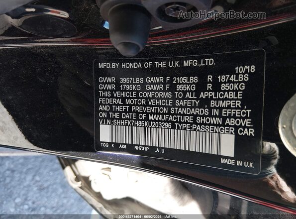 SHHFK7H85KU203296 2019 HONDA CIVIC Black Vista del compartimento del motor