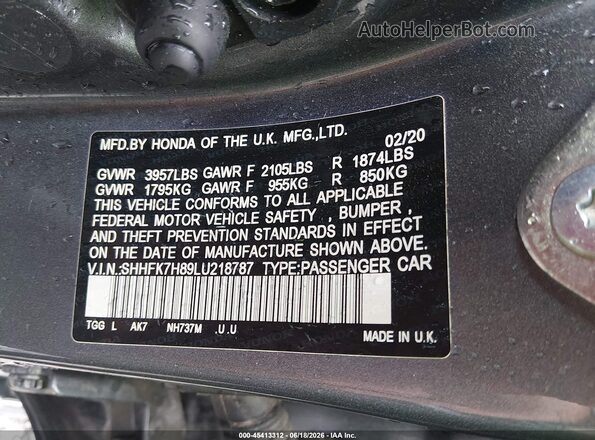 SHHFK7H89LU218787 2020 HONDA CIVIC Gray Vista del compartimento del motor