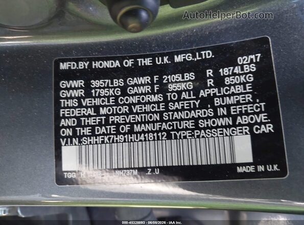 SHHFK7H91HU418112 2017 HONDA CIVIC Gray Շարժիչի բաժամունքի տեսք
