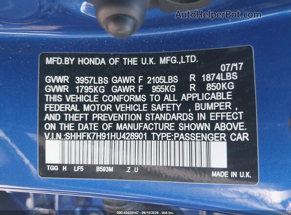 SHHFK7H91HU428901 2017 HONDA CIVIC Blue Widok komory silnika
