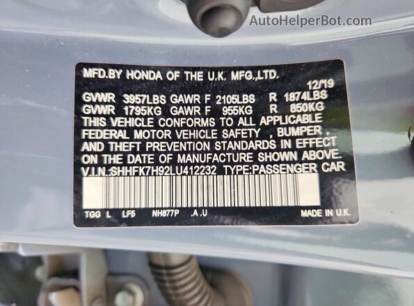 SHHFK7H92LU412232 2020 HONDA CIVIC Серый Вид наклейки с VIN-кодом