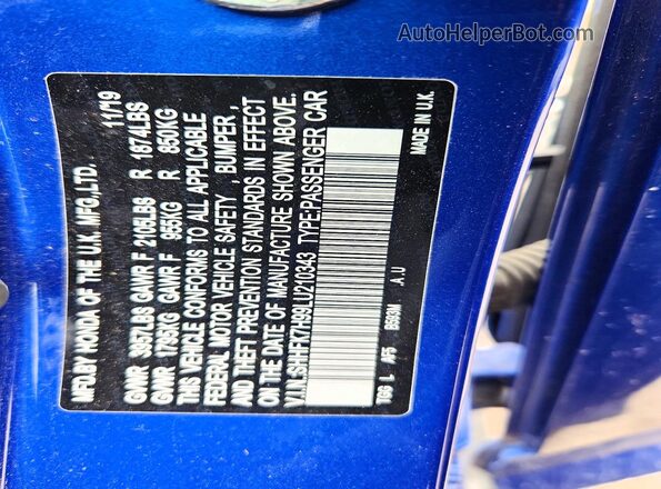 SHHFK7H99LU210343 2020 HONDA CIVIC Blue Widok naklejki z numerem VIN