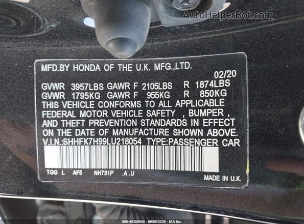 SHHFK7H99LU218054 2020 HONDA CIVIC Black ძრავის განყოფილების ხედი