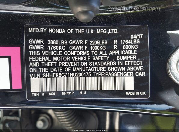 SHHFK8G71HU200175 2017 HONDA CIVIC Green Вид підкапотного простору