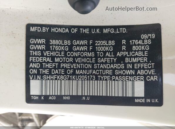 SHHFK8G71KU205173 2019 HONDA CIVIC White Vista del compartimento del motor