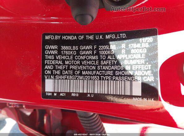 SHHFK8G72MU201653 2021 HONDA CIVIC TYPE R Red 