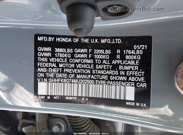 SHHFK8G74MU202500 2021 HONDA CIVIC Gray Engine compartment view