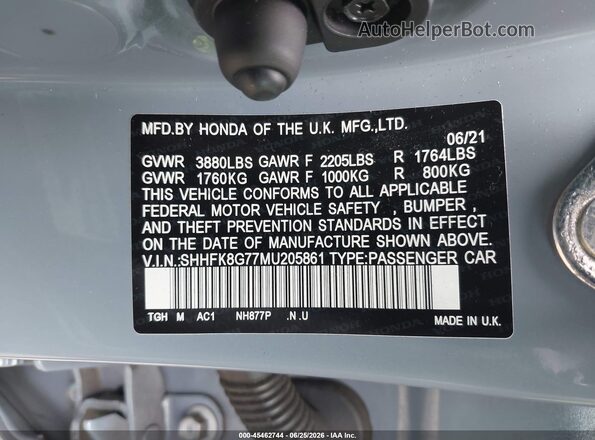 SHHFK8G77MU205861 2021 HONDA CIVIC Gray Widok komory silnika