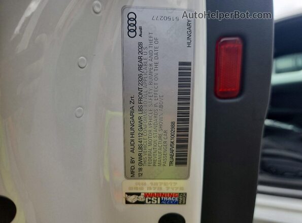 TRUAEAFV5K1002988 2019 AUDI TT White VIN sticker view