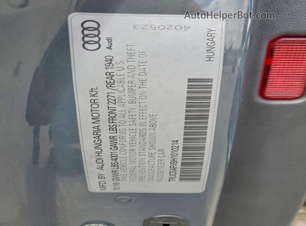 TRUC5AFV8H1010214 2017 AUDI TT Gray VIN კოდის სტიკერის ხედი
