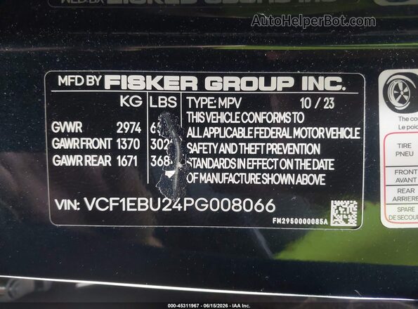 VCF1EBU24PG008066 2023 FISKER OCEAN Green Vista del compartimento del motor
