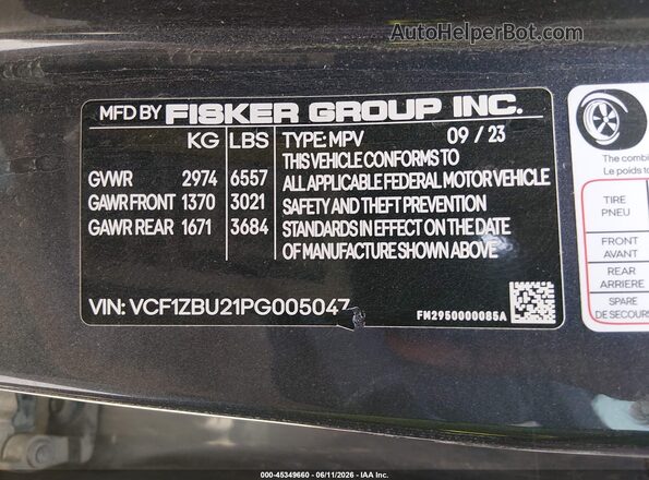 VCF1ZBU21PG005047 2023 FISKER OCEAN Blue Vista del compartimento del motor